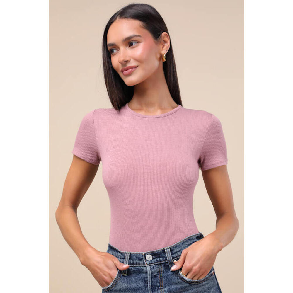Lulus Basics Kinship Mauve Ribbed Bodysuit Pink - Size XS